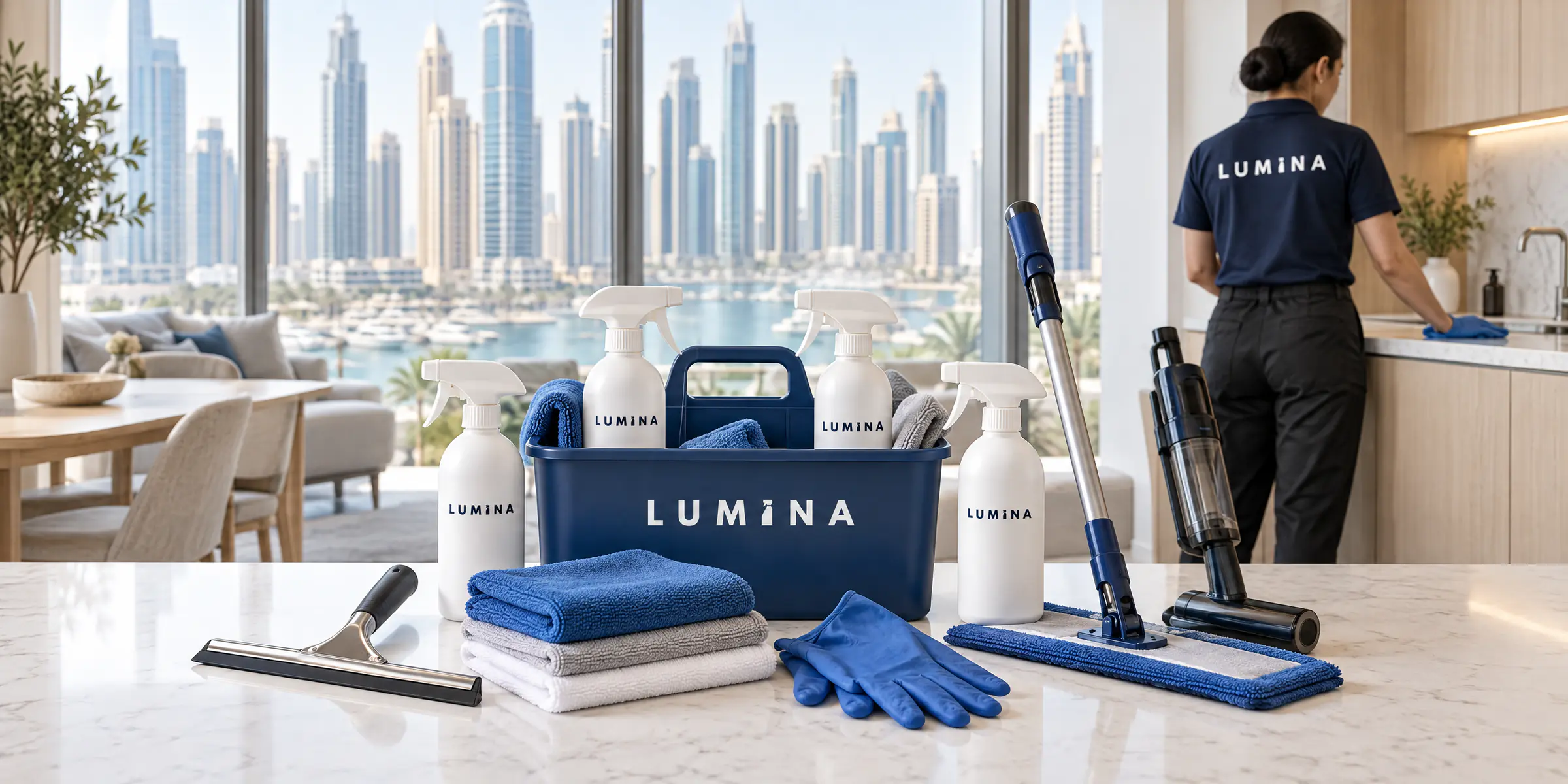 LUMINA cleaning kit: branded caddy, bottles, cloths and vacuum